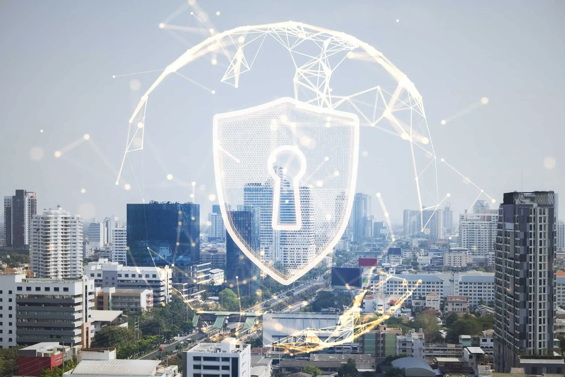 Critical Infrastructure Security digital security shield over cityscape