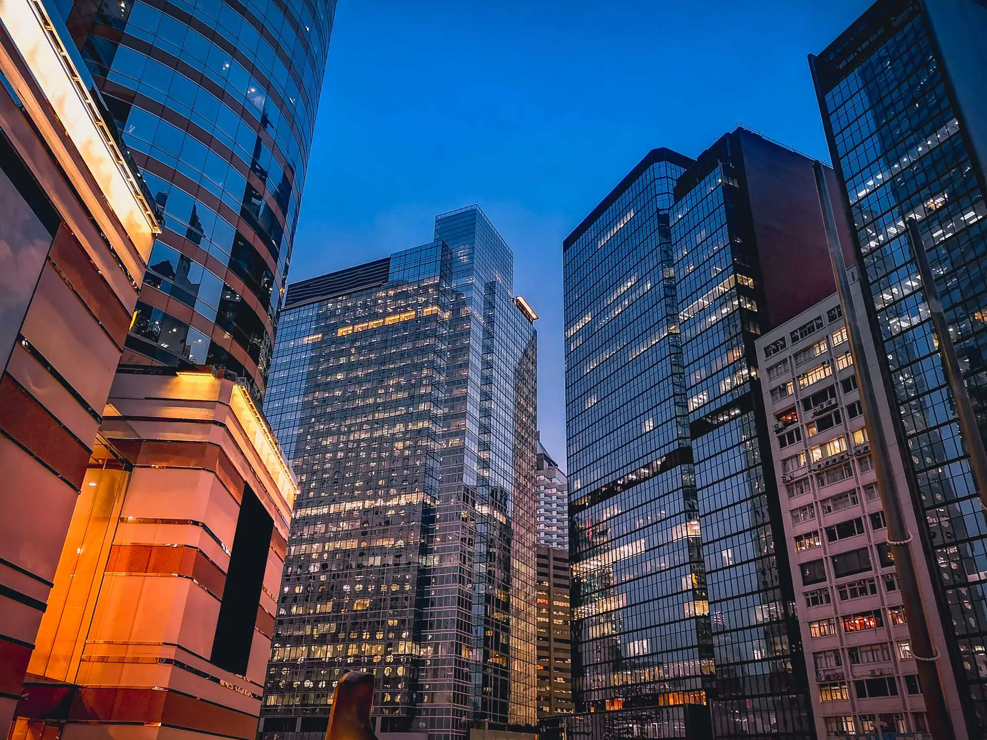 modern city skyscrapers at dusk