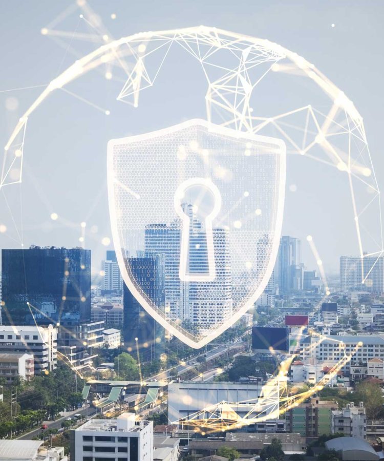 Critical Infrastructure Security digital security shield over cityscape